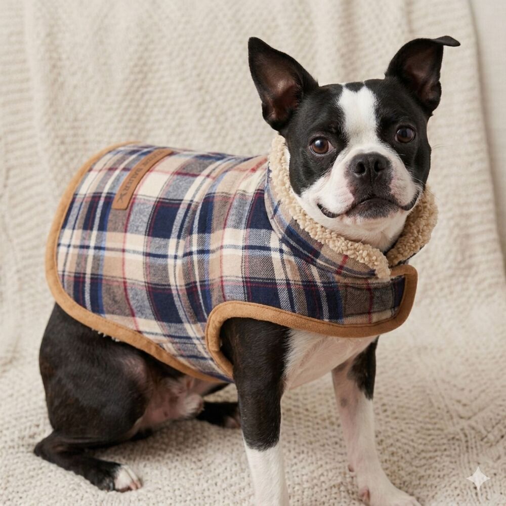 🐾 Eddie Bauer Plaid Sherpa Lined Dog Vest Jacket Size Small Tan Blue